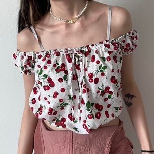 Handmade Handsewn Cherry Crop Top blouse Off Shoulder